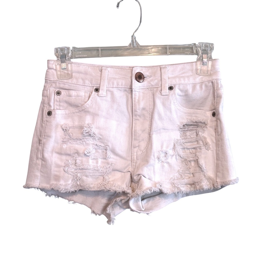 American Eagle White‎ Distressed Denim Shorts High Rise Frayed Hem Size 0